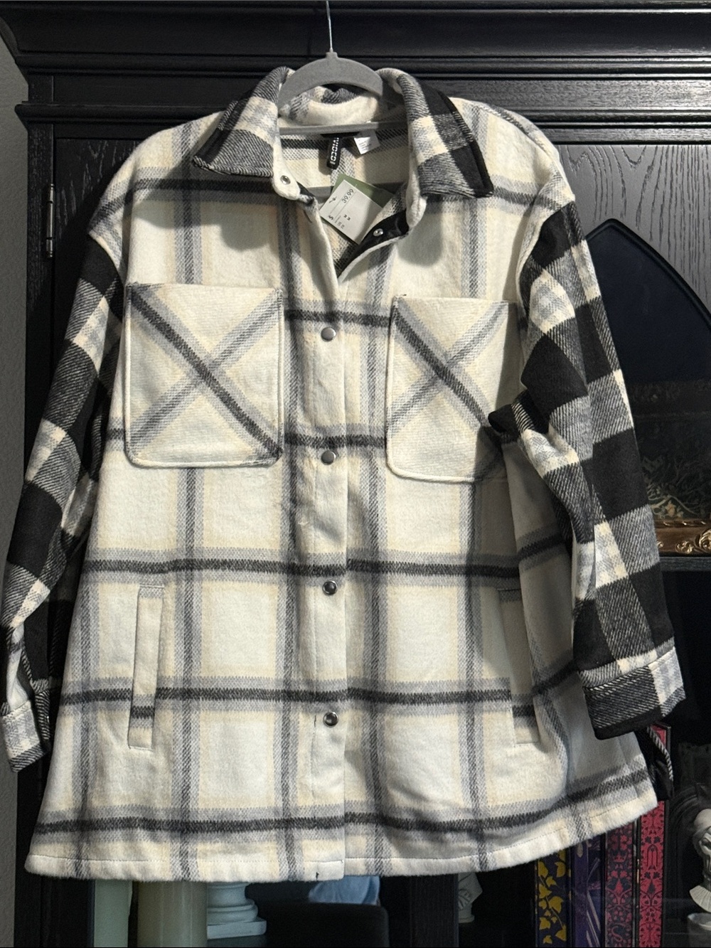 H&M Plaid Shacket in White, Cream and Black